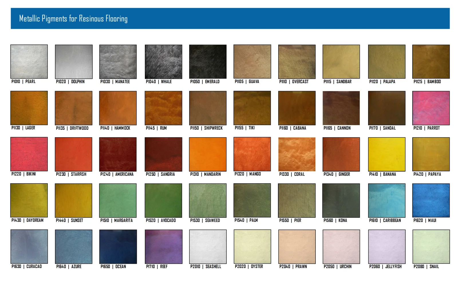 Metallic pigment colour chart showing fifty resinous flooring colours