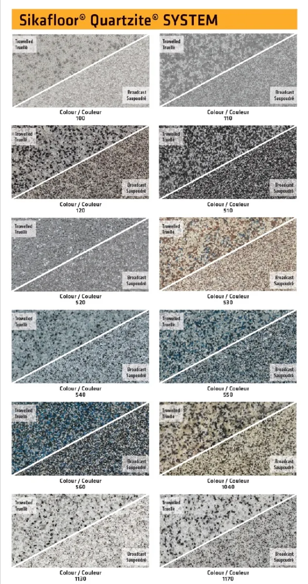 Quartz flooring colour chart showing troweled and broadcast blends