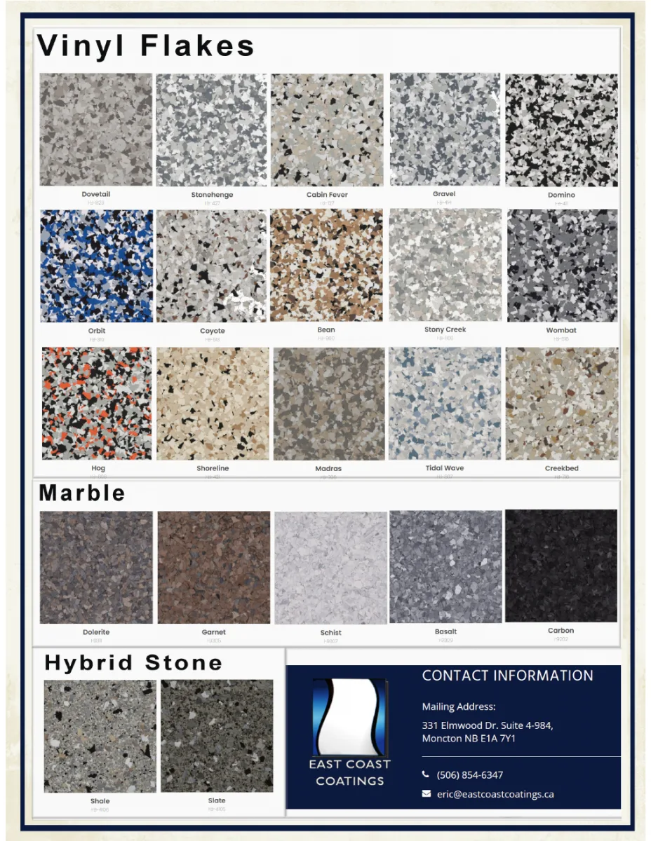 Vinyl flake colour chart with standard, marble and hybrid-stone blends