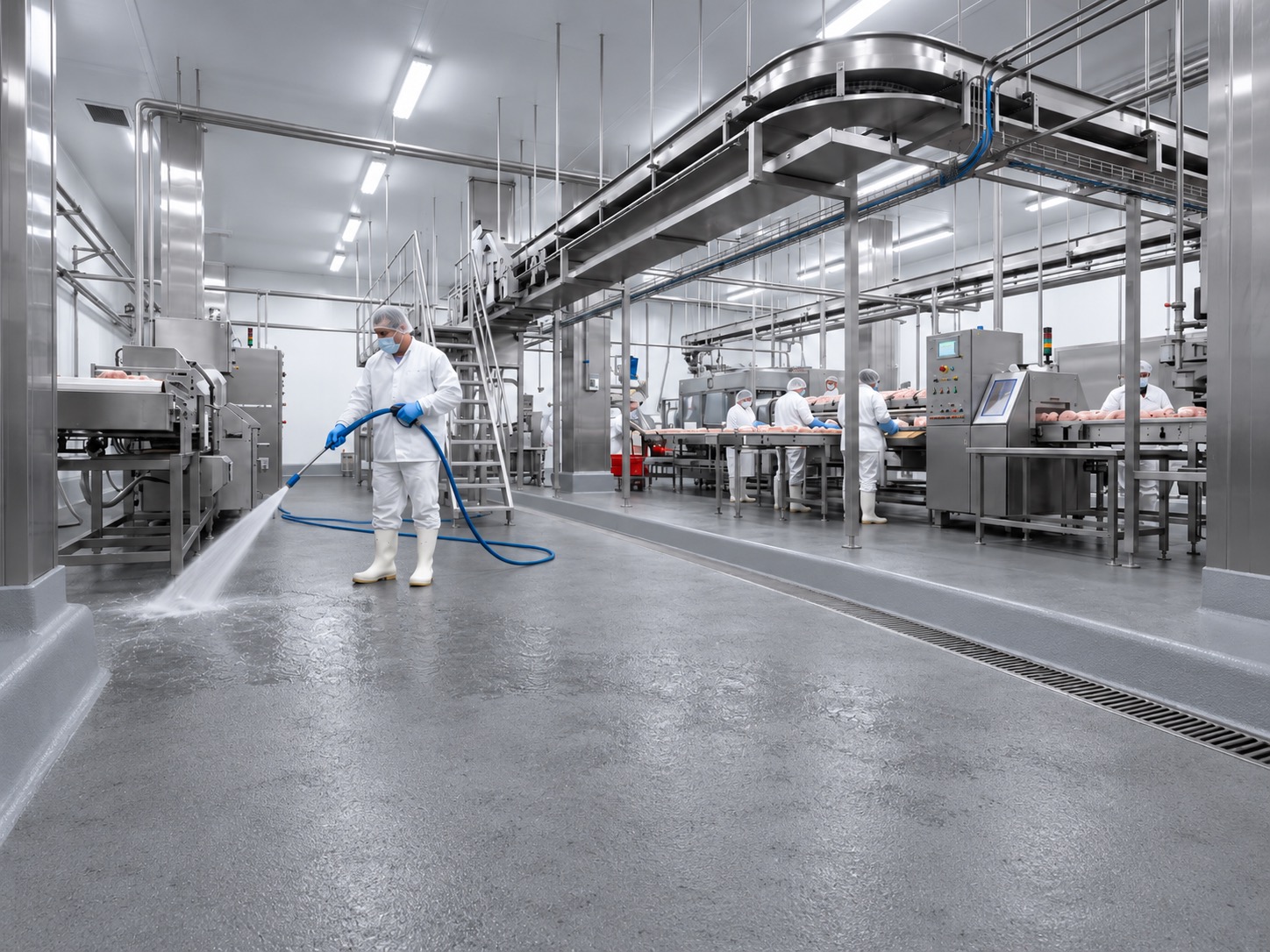Food-processing facility with hygienic grey cementitious polyurethane flooring