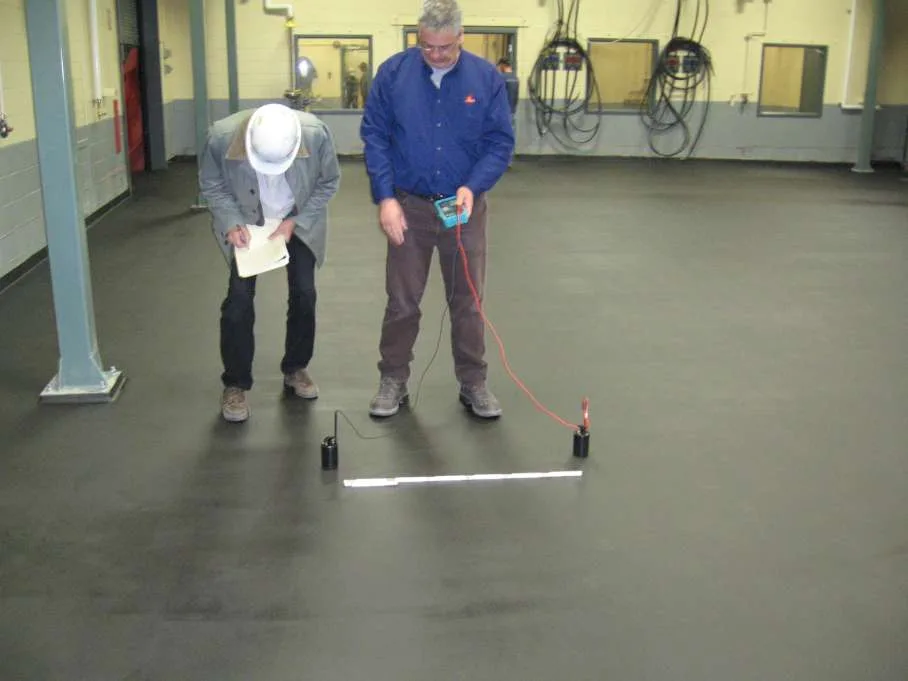 Technicians testing the electrical resistance of an anti-static floor