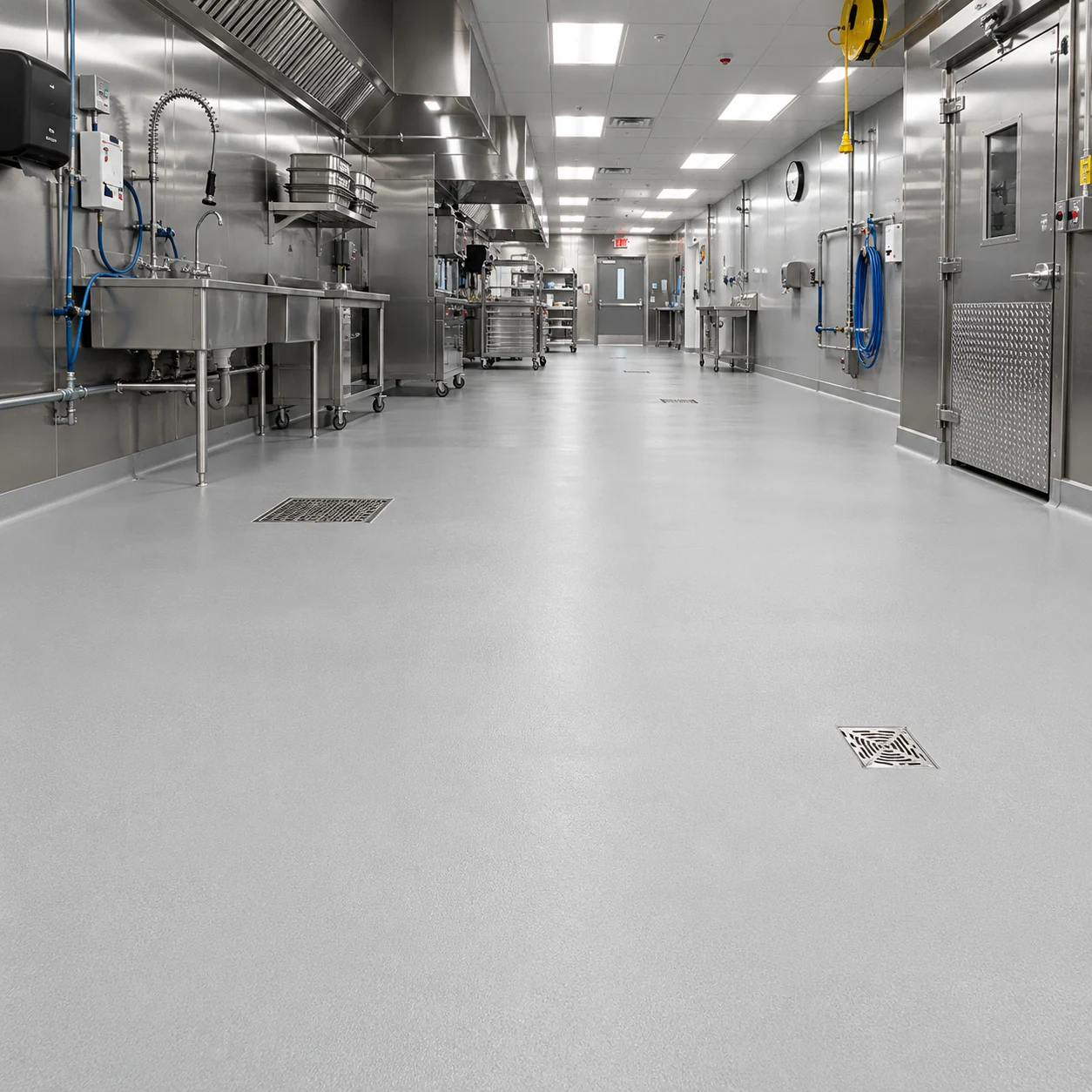 Grey flooring with floor drains in a stainless-steel commercial kitchen