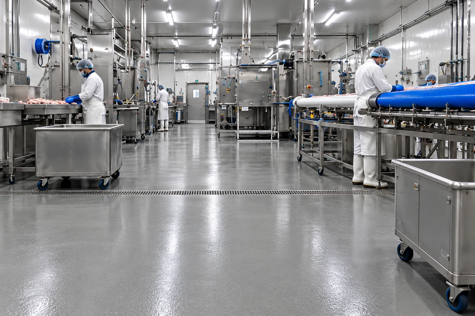 Food-processing production area with a seamless grey cementitious polyurethane floor