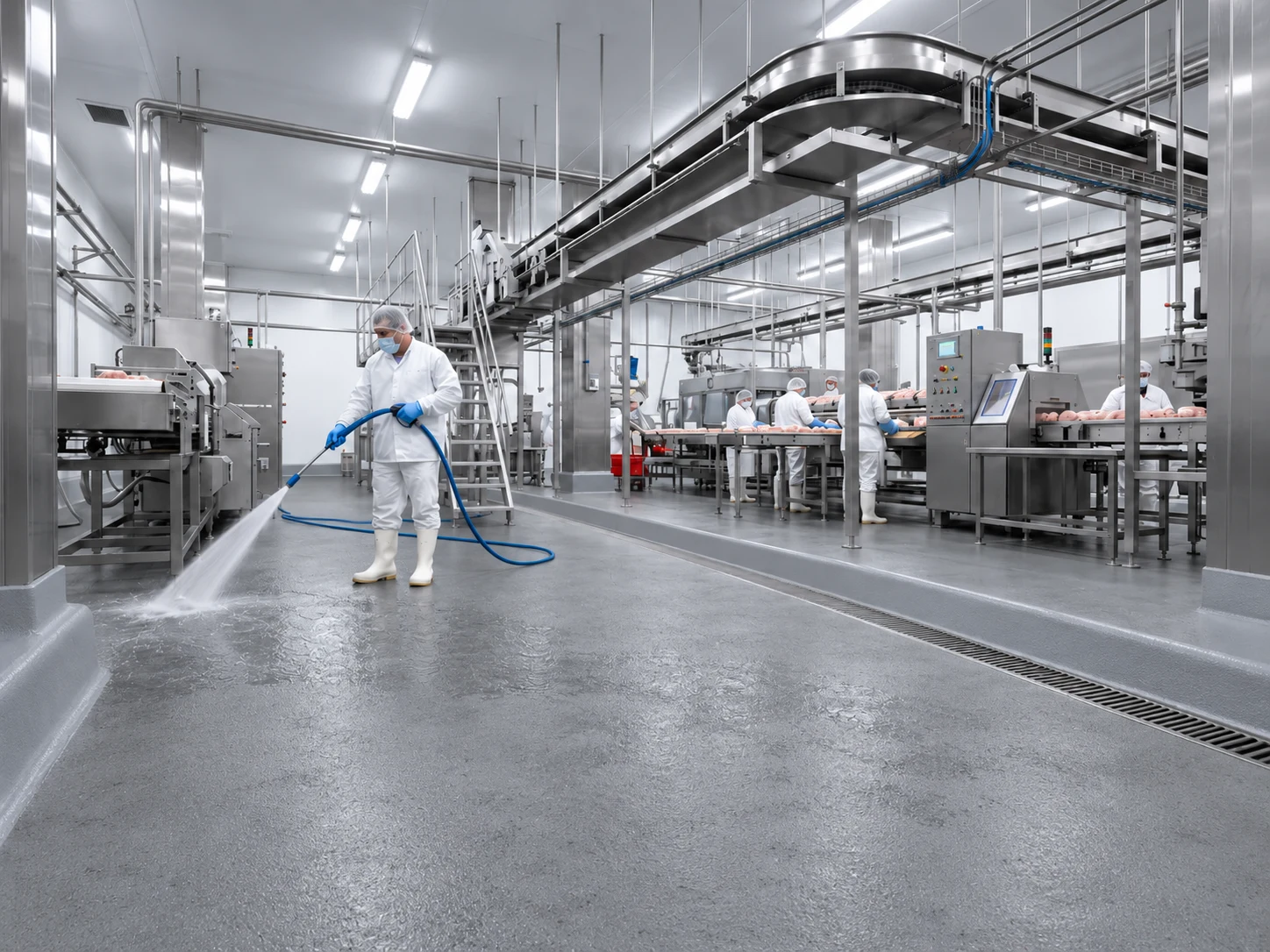 Food-processing facility with hygienic grey cementitious polyurethane flooring