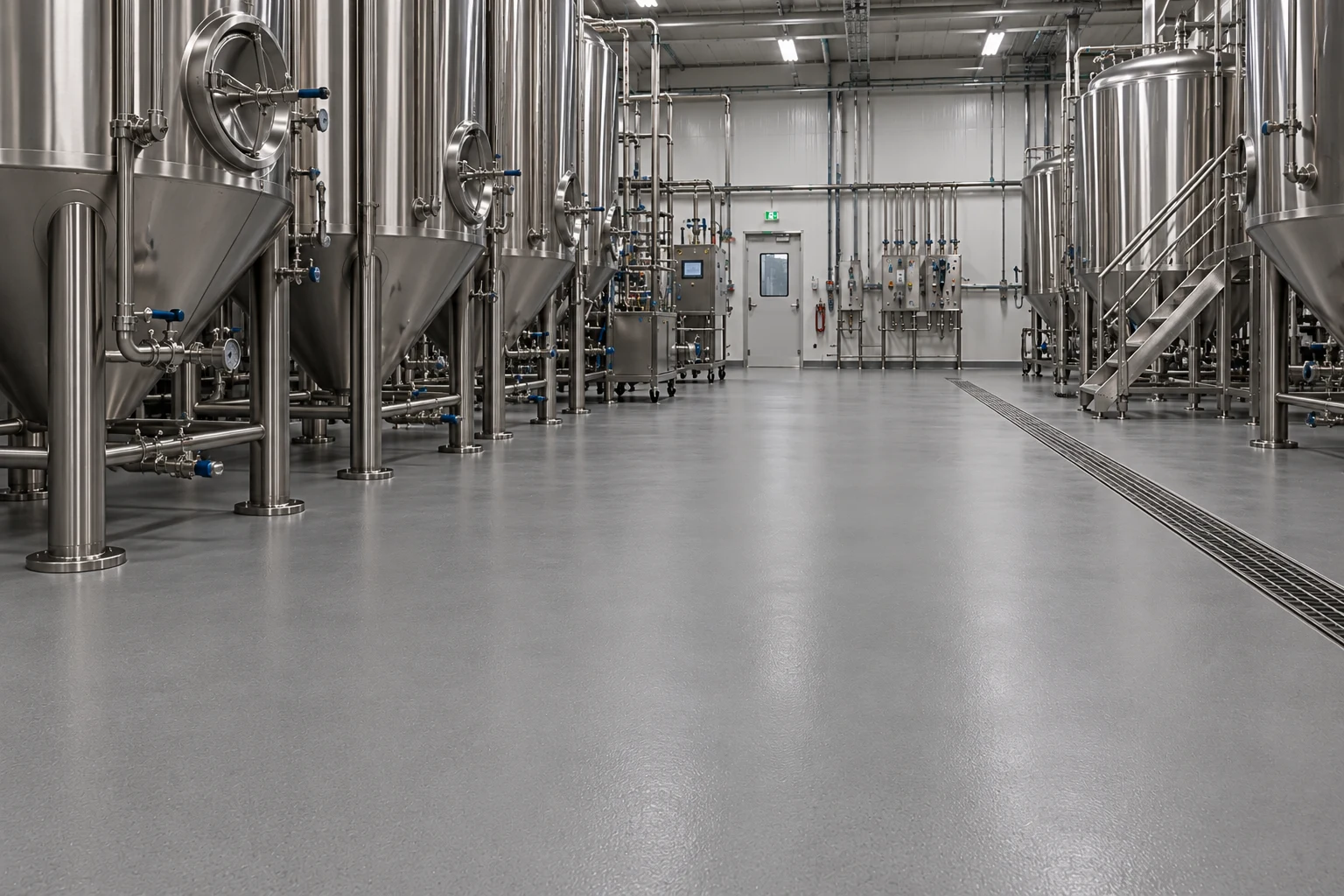 Stainless-steel processing tanks above a seamless grey cementitious polyurethane floor