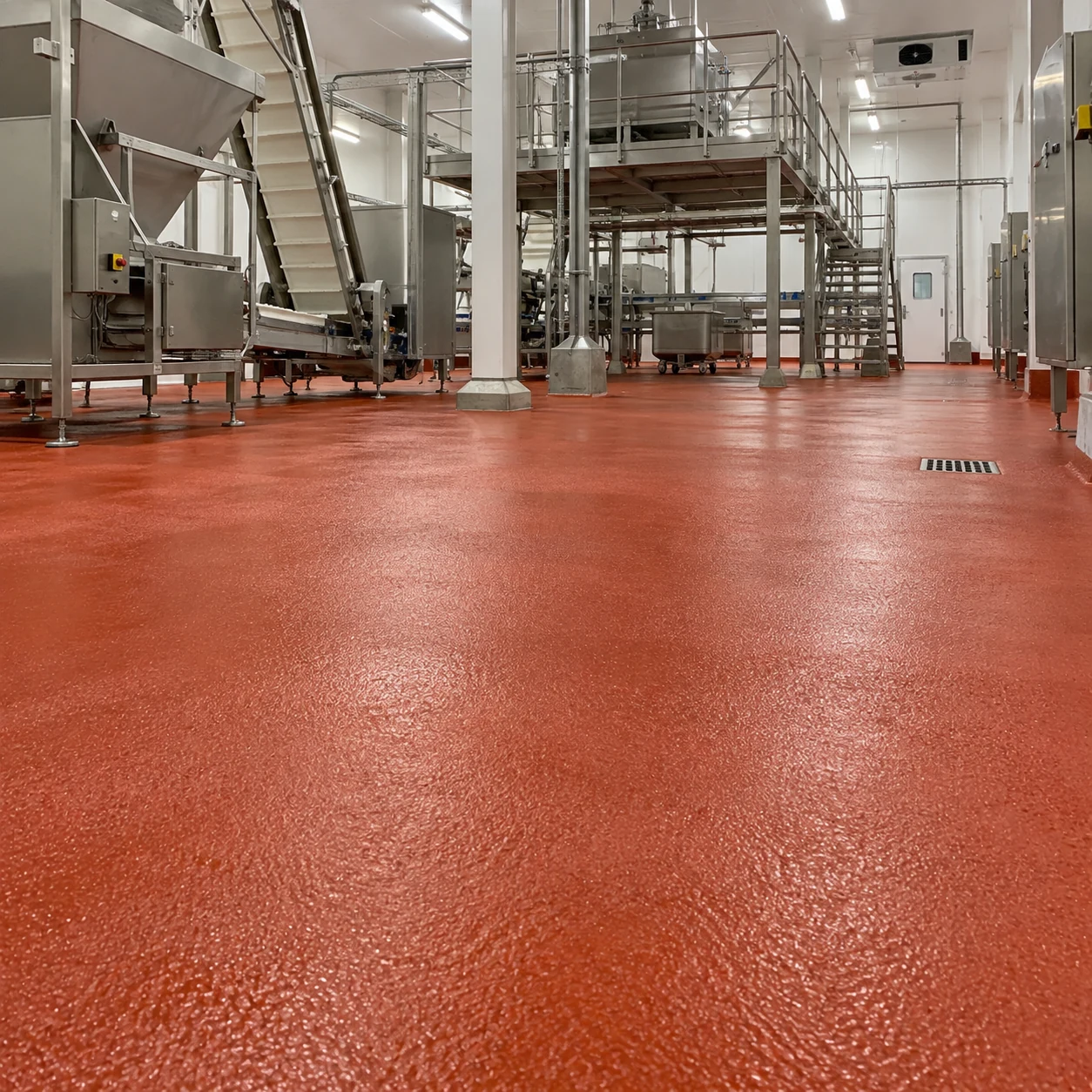 Textured red flooring beneath production equipment in a processing facility