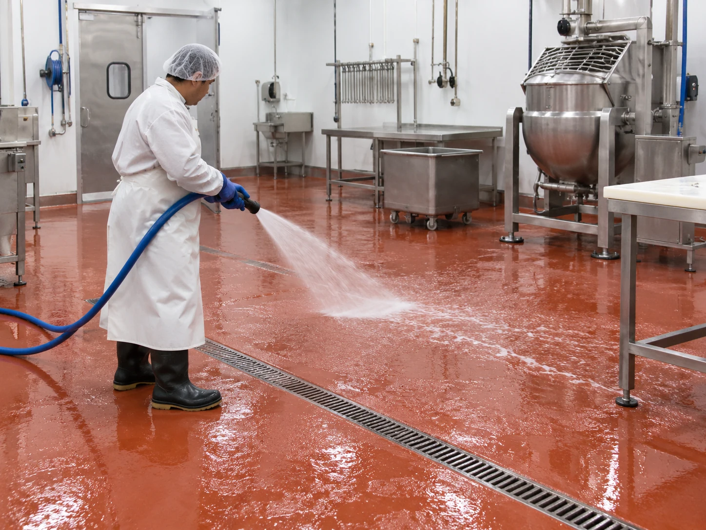 Worker washing a red food-processing floor beside a drainage channel