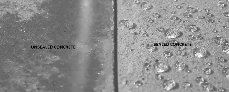 Water beading on concrete treated with a penetrating water repellent