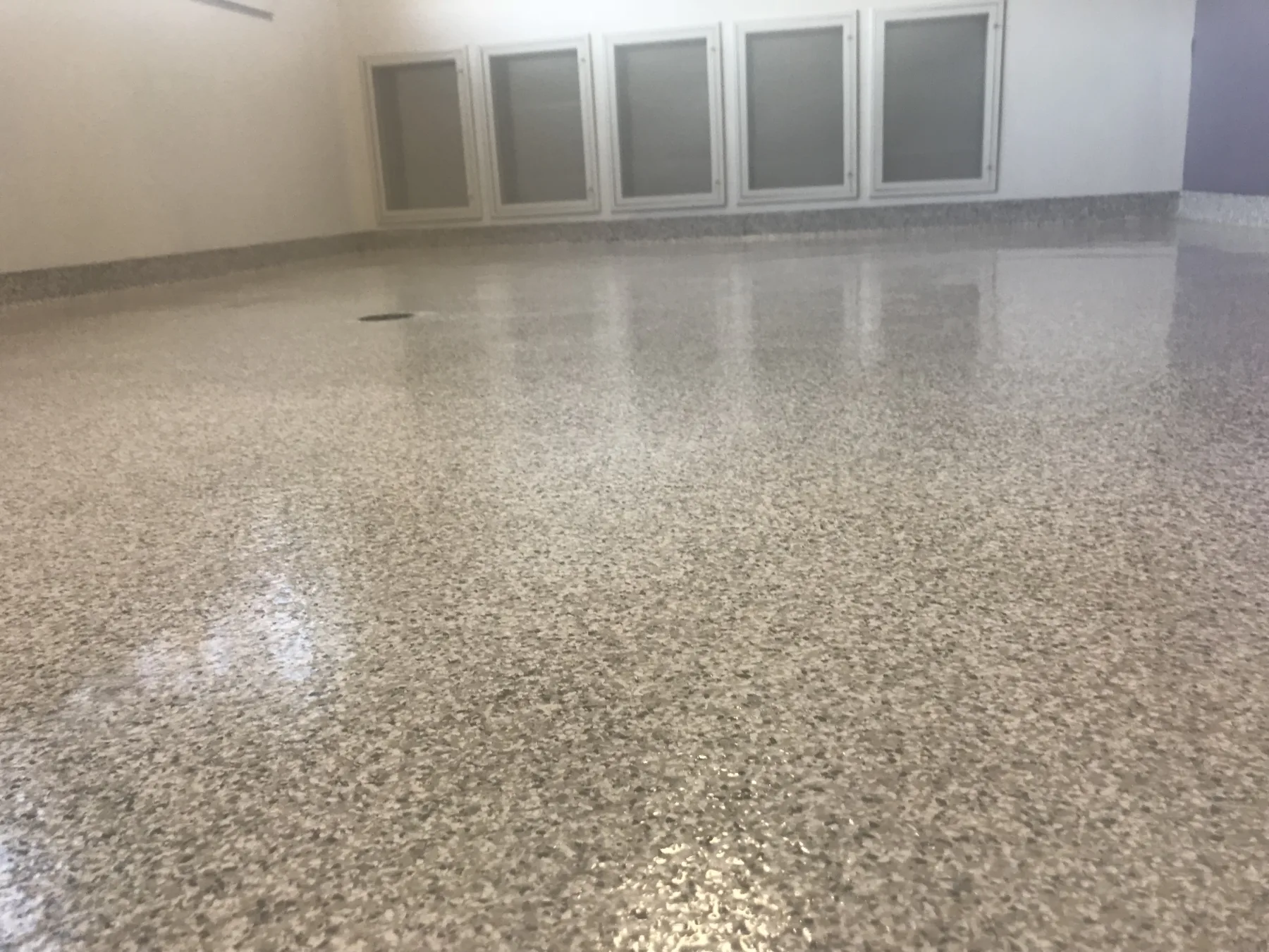 Glossy grey decorative flake flooring in a finished commercial room