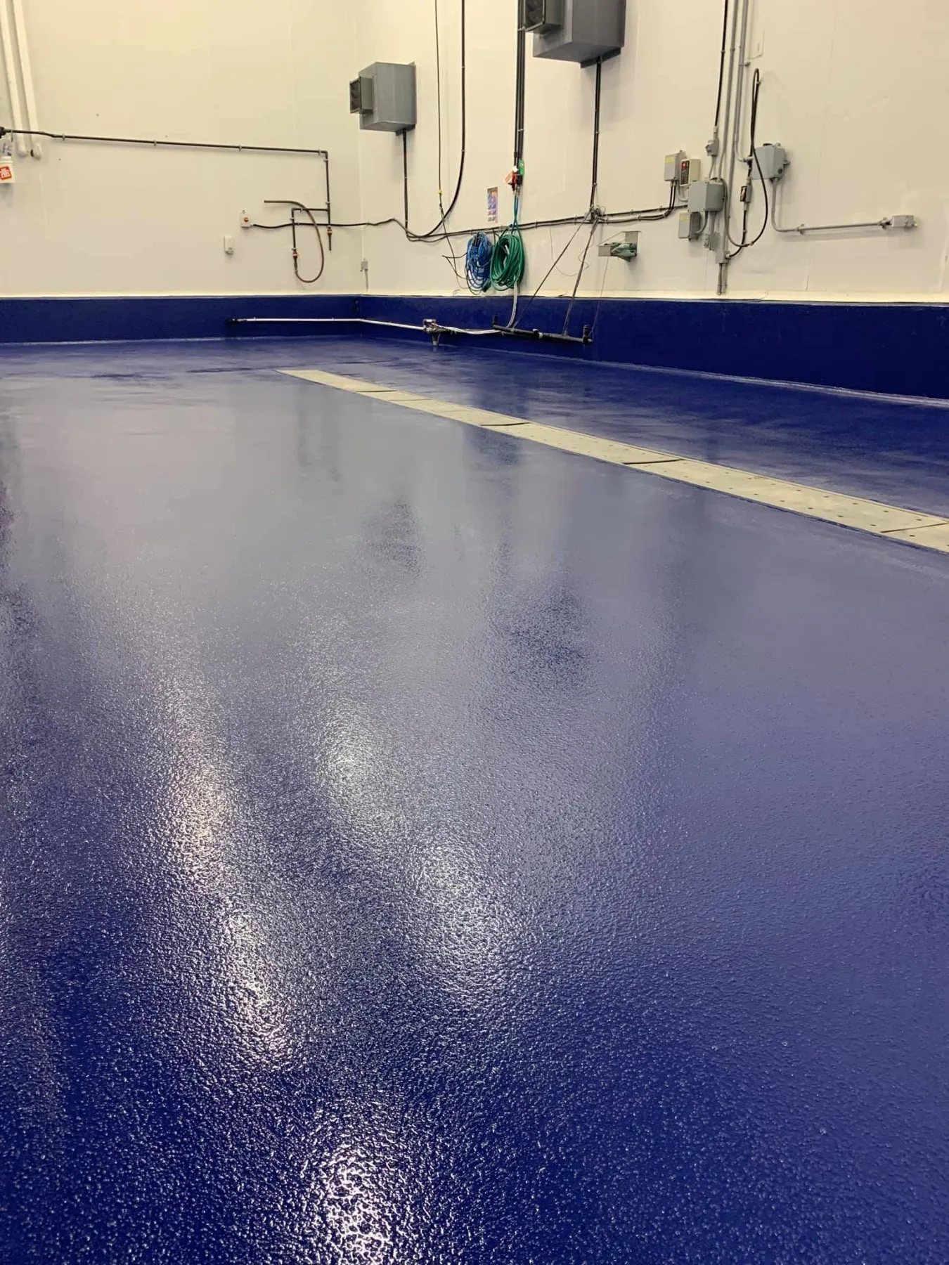 Glossy dark-blue seamless epoxy flooring with matching integral cove bases in an industrial washdown area