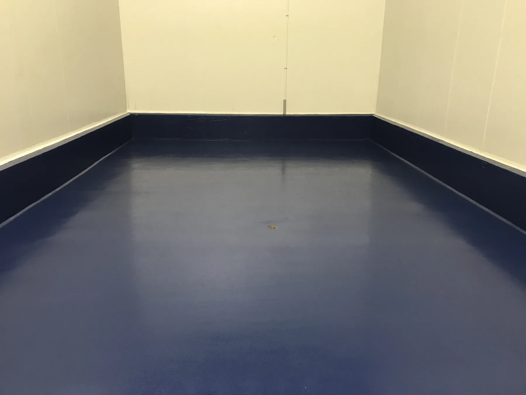 Dark-blue seamless epoxy flooring with matching integral cove bases in a clean interior room