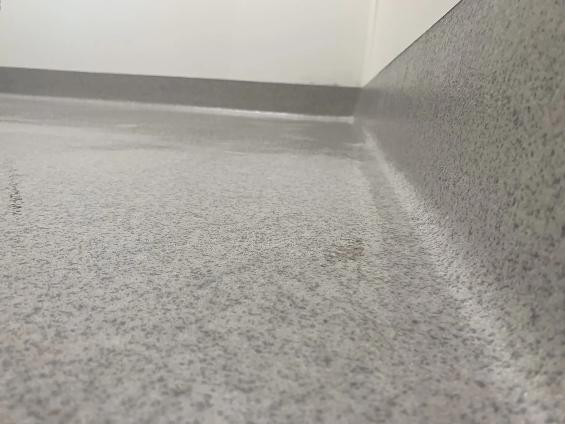 Close view of light-grey quartz flooring meeting an integral cove base